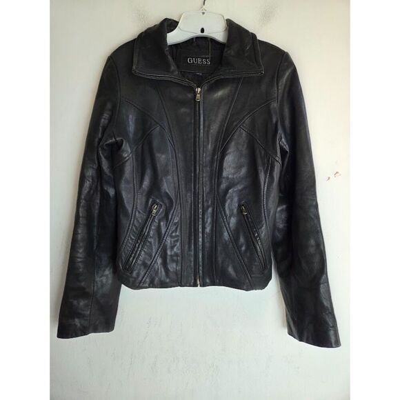 Guess Women Geniune 100% Leather Full Zip Lined Moto Pockets Jacket size Medium - Picture 1 of 10
